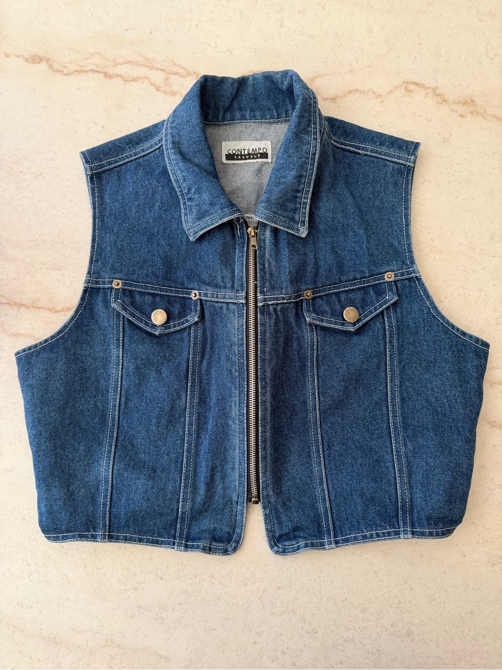 Vintage Contempo Casuals Blue Denim Zip Front Vest